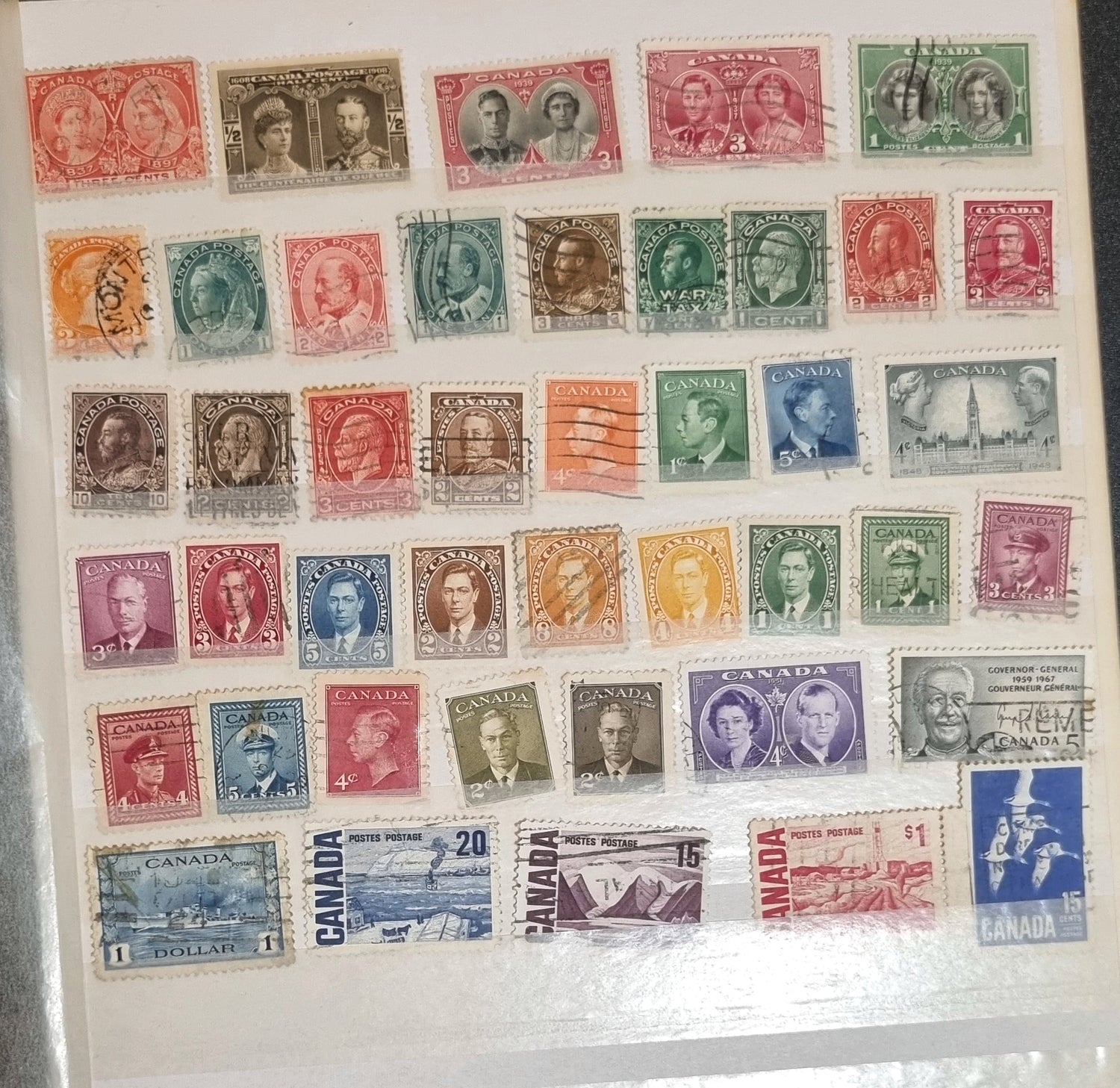 A collection of various vintage Canadian postage stamps displayed in a collage arrangement.