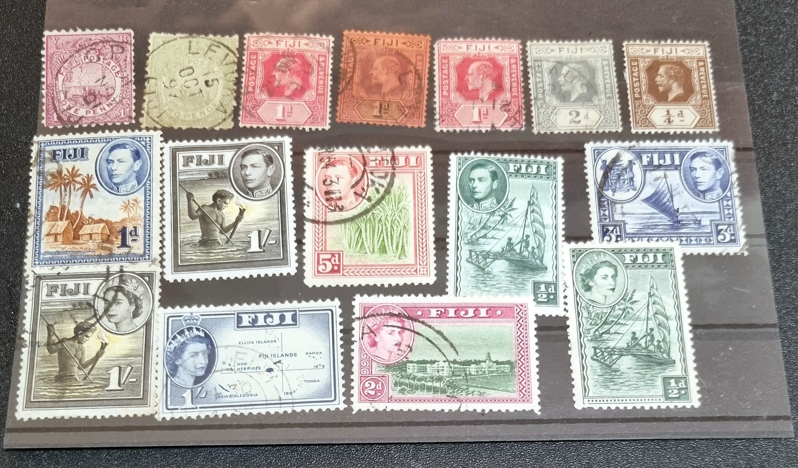 Authentic vintage Fiji postage stamps archive from Queen Victoria to Queen Elizabeth II by StampArtefact.