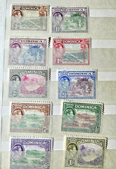 Collection of Dominica stamps arranged in a grid on a striped background