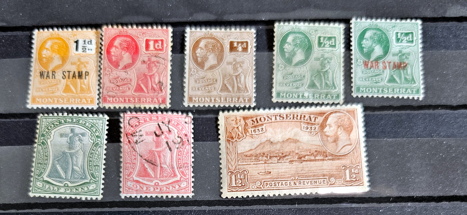 A collection of vintage stamps from Montserrat, featuring various images of historical figures, animals, and plants.