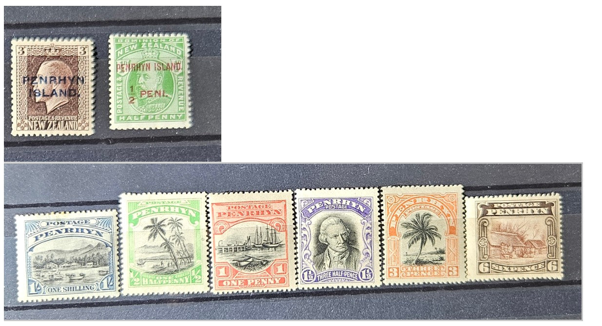 Collection of vintage stamps from Penrhyn Island on a white background