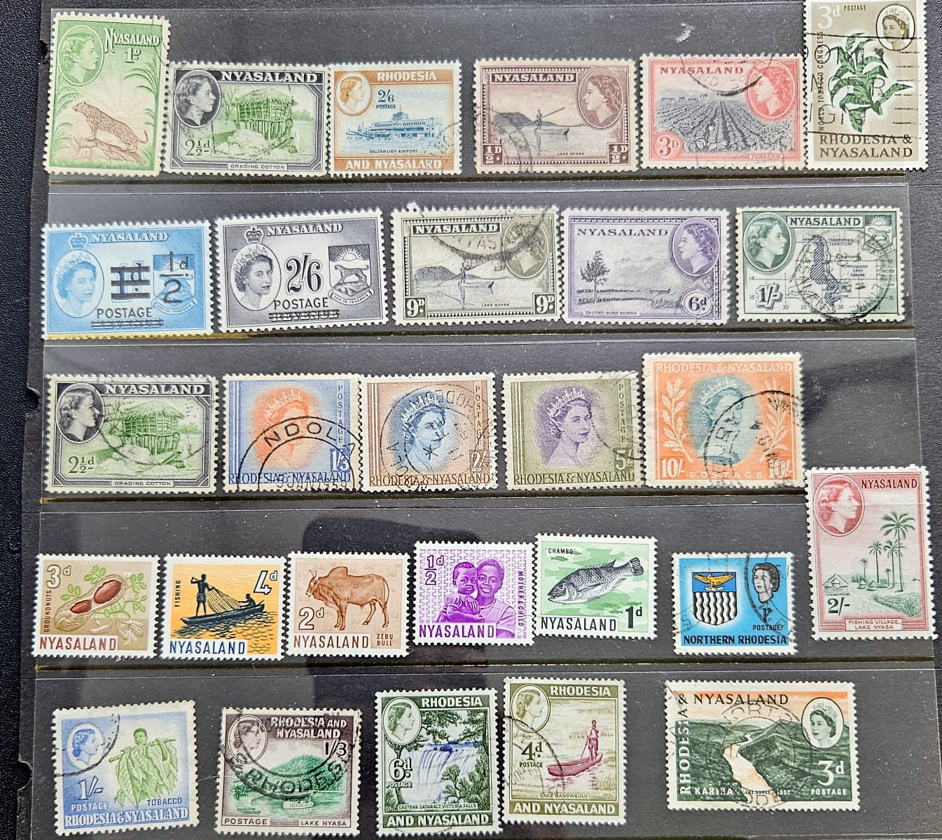 A collection of vintage Nyasaland postage stamps displayed on a black protective plastic sleeve. The stamps feature various designs, including portraits of Queen Elizabeth II, landscapes, animals like a buffalo and elephant, and vehicles such as an airplane and a lorry, with different colors including green, blue, orange, purple, and red.