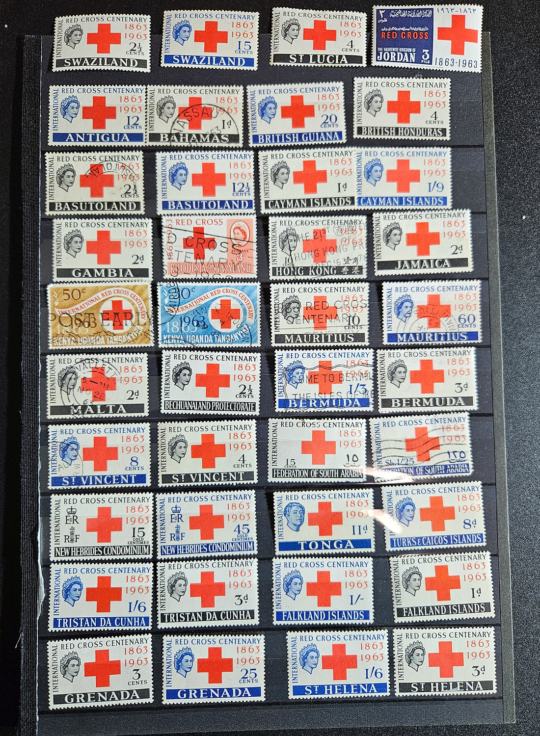 A collection of 40 vintage Red Cross centenary stamps from the British Commonwealth, displayed in a grid arrangement.