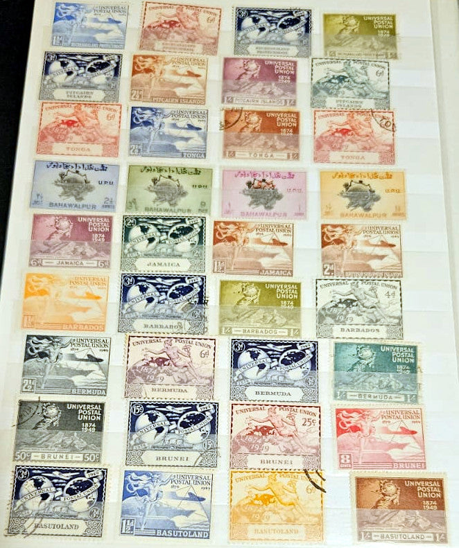 A sheet of collectible postage stamps from Basutoland, featuring multiple vintage designs in various colors like blue, green, pink, orange, and yellow, arranged in a grid on a white backing.