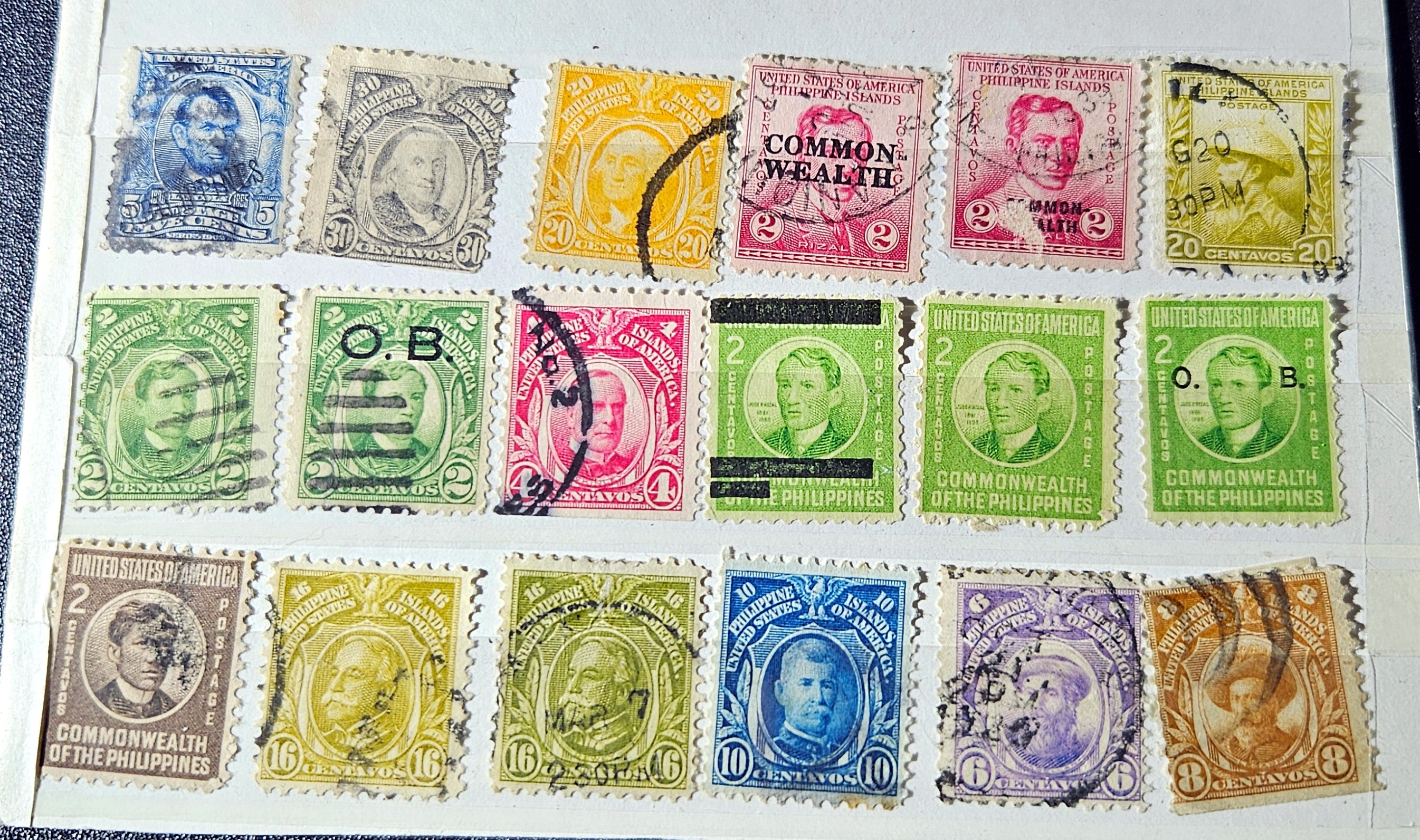 Collection of vintage postage stamps from the Commonwealth of the Philippines on a white background.