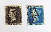 A collection of two 1840s Penny Black postage stamps with varying colors and designs, along with their respective backgrounds.