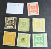 A collection of vintage postage stamps from various Feudatory States of India, featuring different colors and designs, placed on a flat surface.