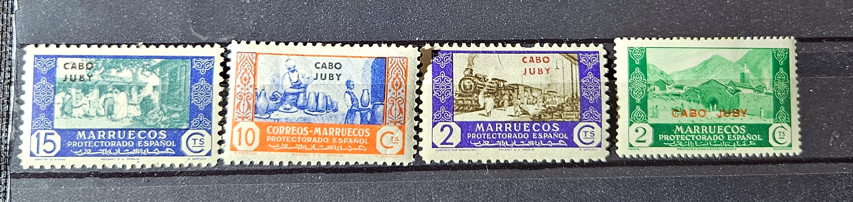 Five vintage stamps from Morocco with different designs and colors on a black background.