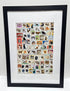 Framed collage of various cat stamps on a white background