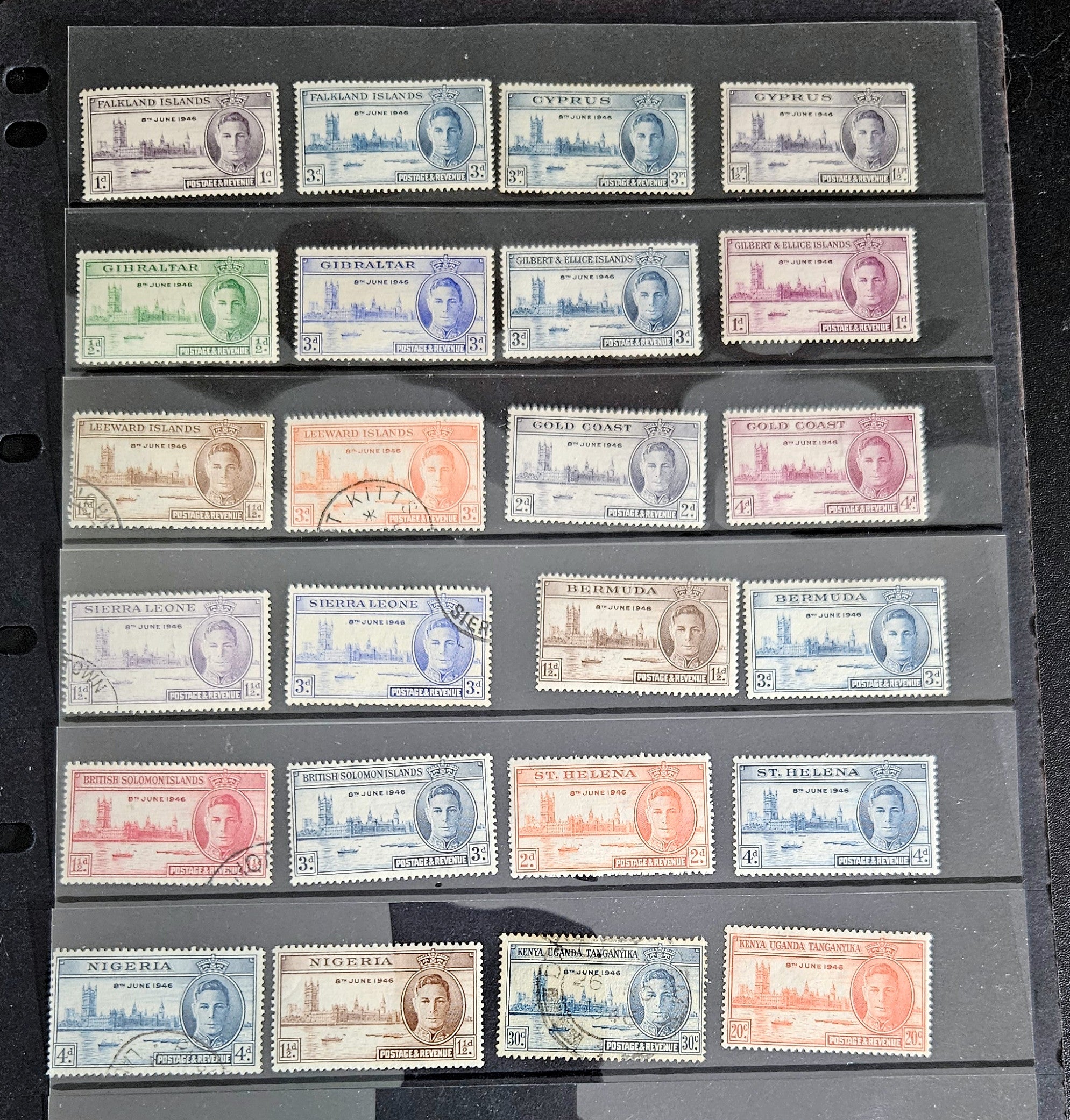 Collection of vintage stamps in a collection album.