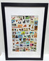 Framed collage of various dog stamps on a white background