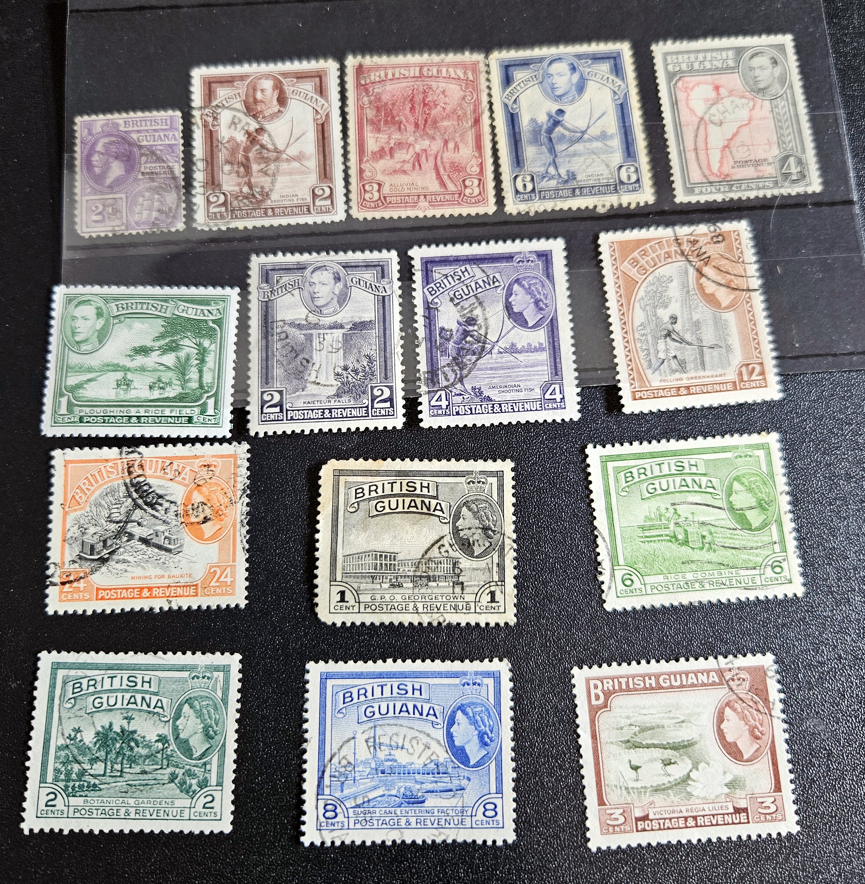 A collection of vintage British Guyana stamps from the reign of King George V, featuring various designs including portraits and imagery of local flora and fauna.