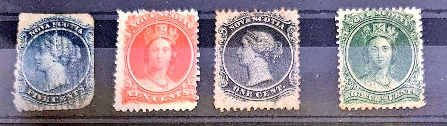 Four vintage Nova Scotia stamps displayed on a black background