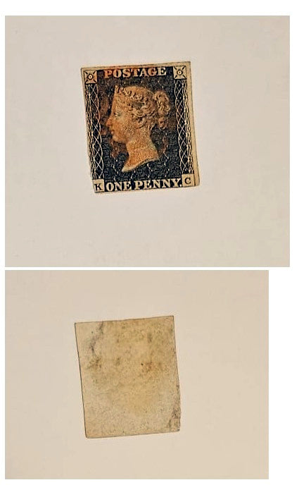 A vintage British one penny postage stamp shown from both sides on a light beige background. The front view shows Queen Victoria&