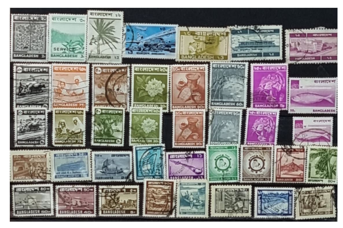 A collection of various Bangladesh postage stamps displayed in no particular order.
