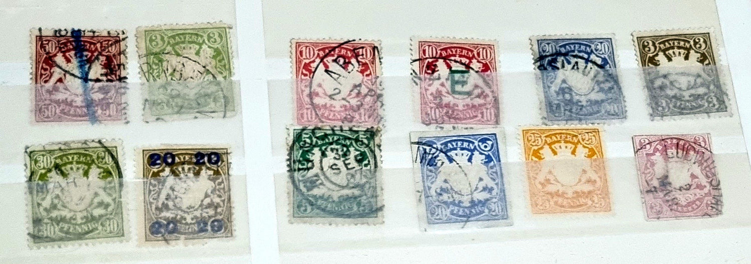 A collection of six vintage German states stamps, featuring different colors and designs, each with a historical or cultural depiction.