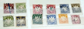 A collection of six vintage German states stamps, featuring different colors and designs, each with a historical or cultural depiction.