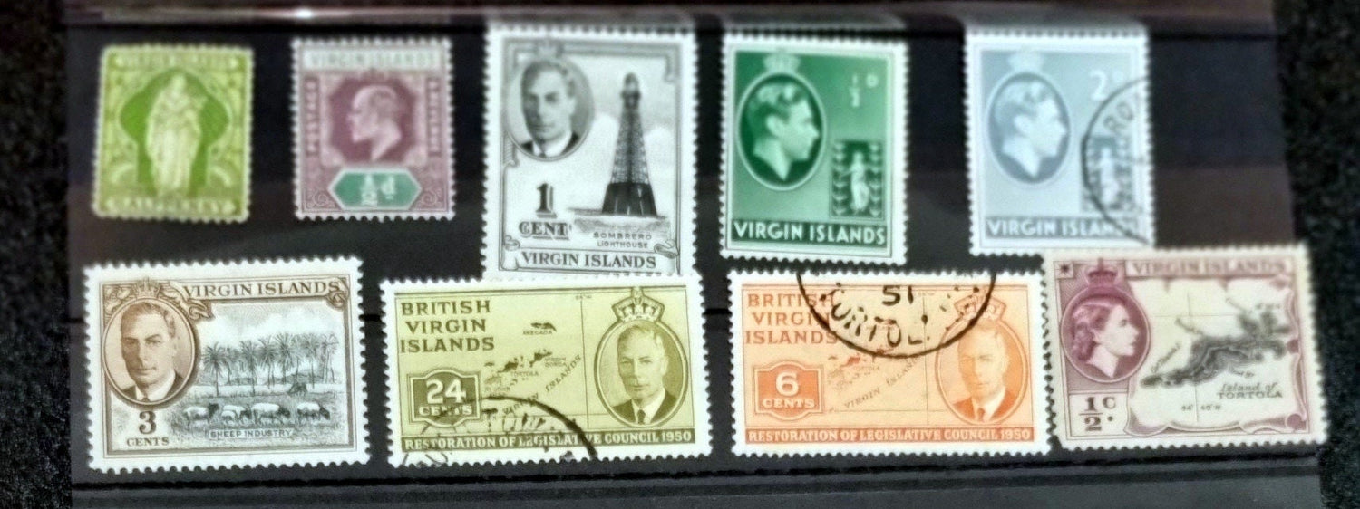 A collection of vintage postage stamps from the British Virgin Islands, featuring various designs and Queen Elizabeth II.