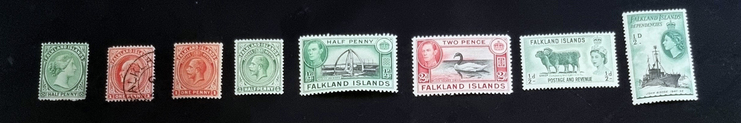 A set of vintage Falkland Islands stamps from various reigns, displayed in a row.