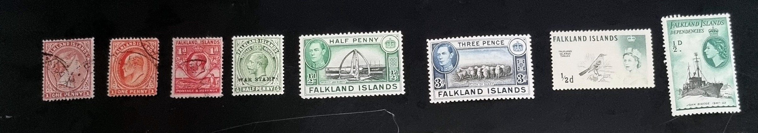 A set of vintage Falkland Islands stamps from various reigns, displayed in a row.