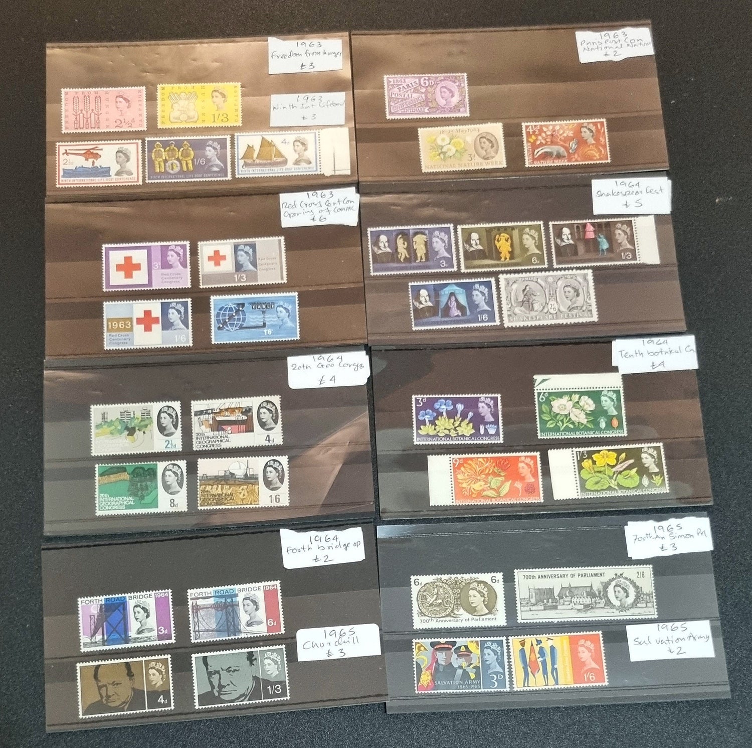 A collection of various commemorative postage stamps featuring Queen Elizabeth II, arranged in a clear plastic case with descriptive labels.