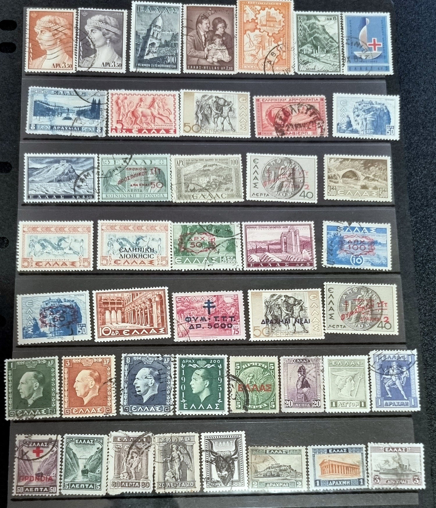 A collection of vintage Greek stamps, featuring different designs and colors, arranged side by side.