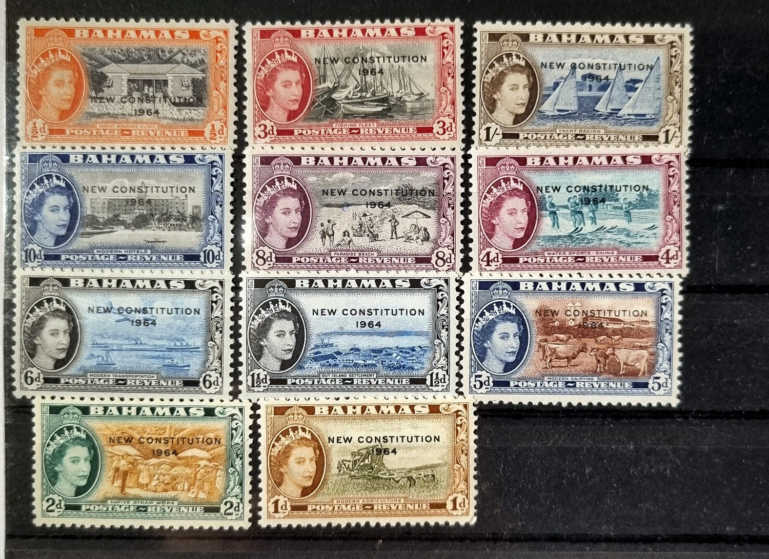 A collection of vintage Bahamas stamps displayed in a grid arrangement, showcasing various colors and designs, with a depiction of the Queen Elizabeth II on some of the stamps.
