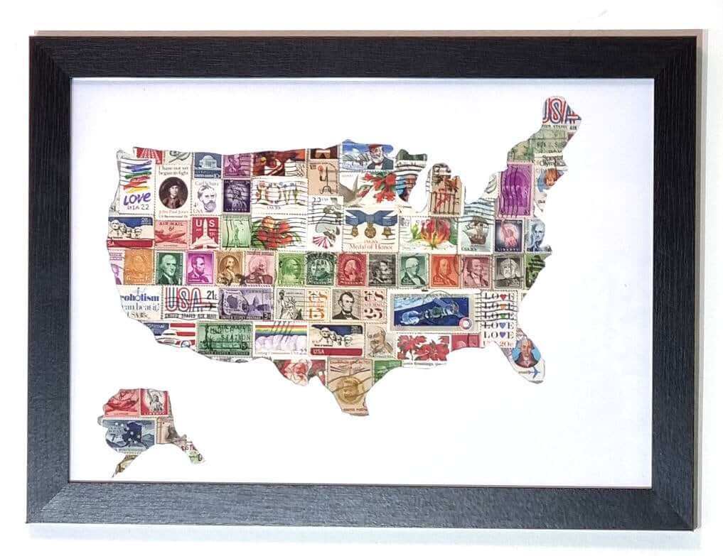 Framed collage of original vintage USA postage stamps, Americana wall art decor.