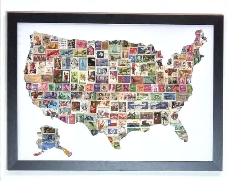 Framed collage of original vintage USA postage stamps, Americana wall art decor.