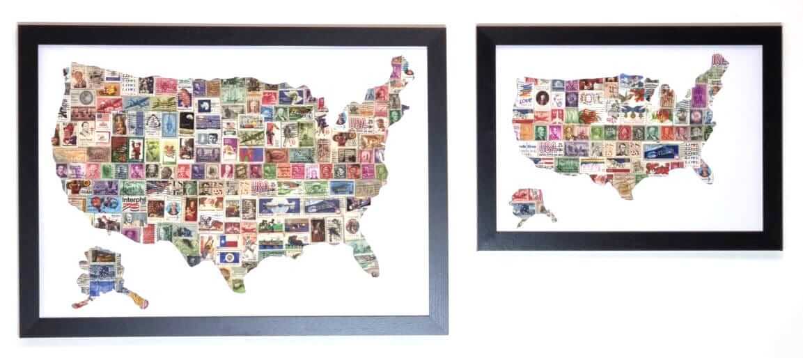 Framed collage of original vintage USA postage stamps, Americana wall art decor.