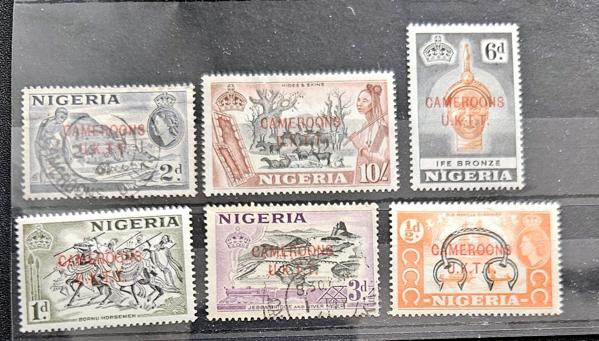 Six vintage Nigeria and Cameroon postage stamps displayed together on a dark background, showing different denominations and illustrated designs.