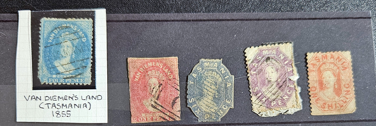 A collection of vintage Australian stamps displayed in a row, with varying designs and colors, labeled with their respective state names and dates.