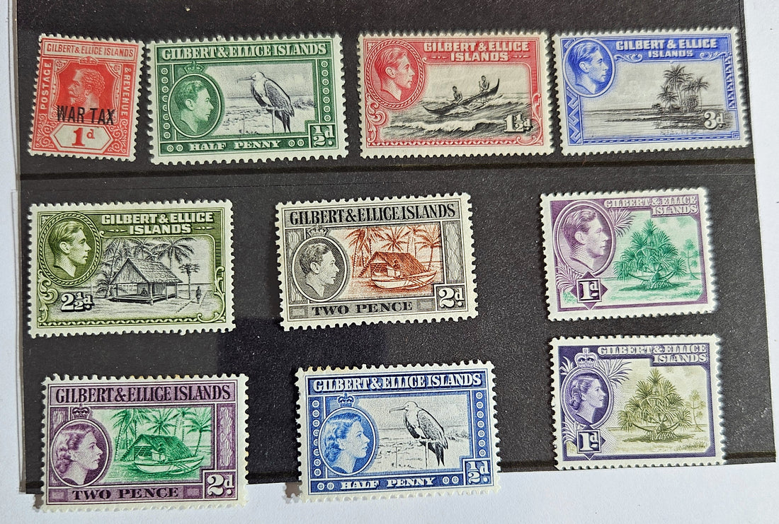 A collection of vintage Gilbert and Ellice Islands stamps displayed on a black background, featuring various colors and designs representing different historical periods.