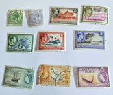 A collection of vintage Solomon Islands stamps featuring various designs, colors, and themes, including historical figures and landscapes.