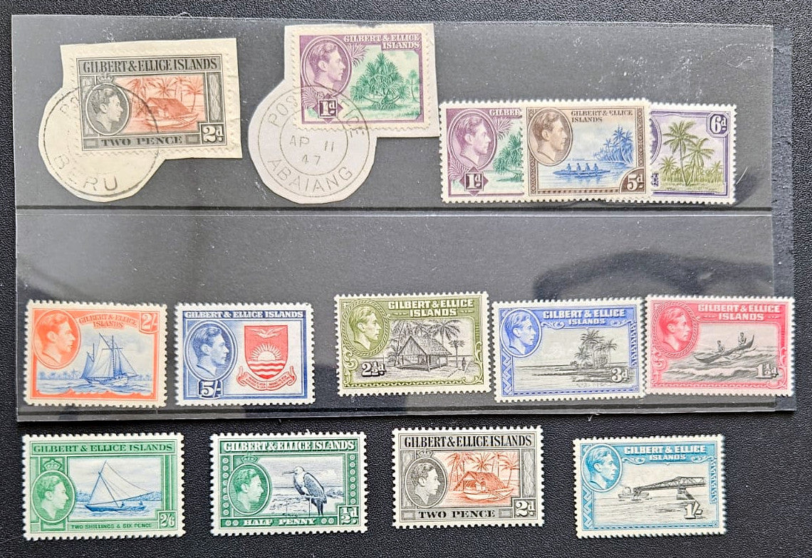 A collection of vintage Gilbert and Ellice Islands postage stamps displayed on a black background, including various denominations and colors with illustrations of ships, birds, and landscapes.