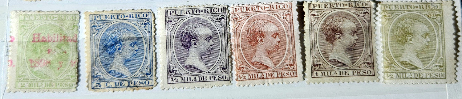 Set of six vintage stamps from Puerto Rico with different colors and designs.