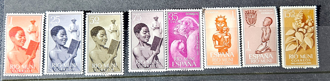 Set of eight vintage stamps featuring different designs and colors.