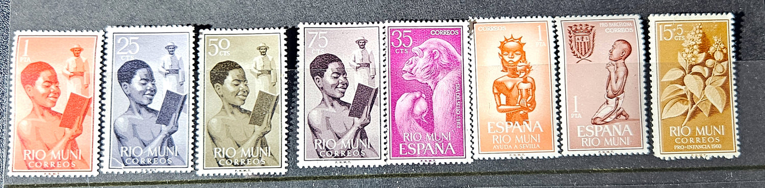 Set of eight vintage stamps featuring different designs and colors.