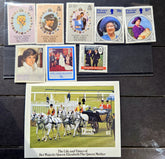 A collection of vintage British Piccadilly Islands postage stamps and a commemorative souvenir sheet honoring Queen Elizabeth The Queen Mother, displayed on a dark wooden surface.