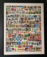 Framed collage of original vintage South Asian postage stamps including India, Pakistan, Bangladesh and Sri Lanka.
