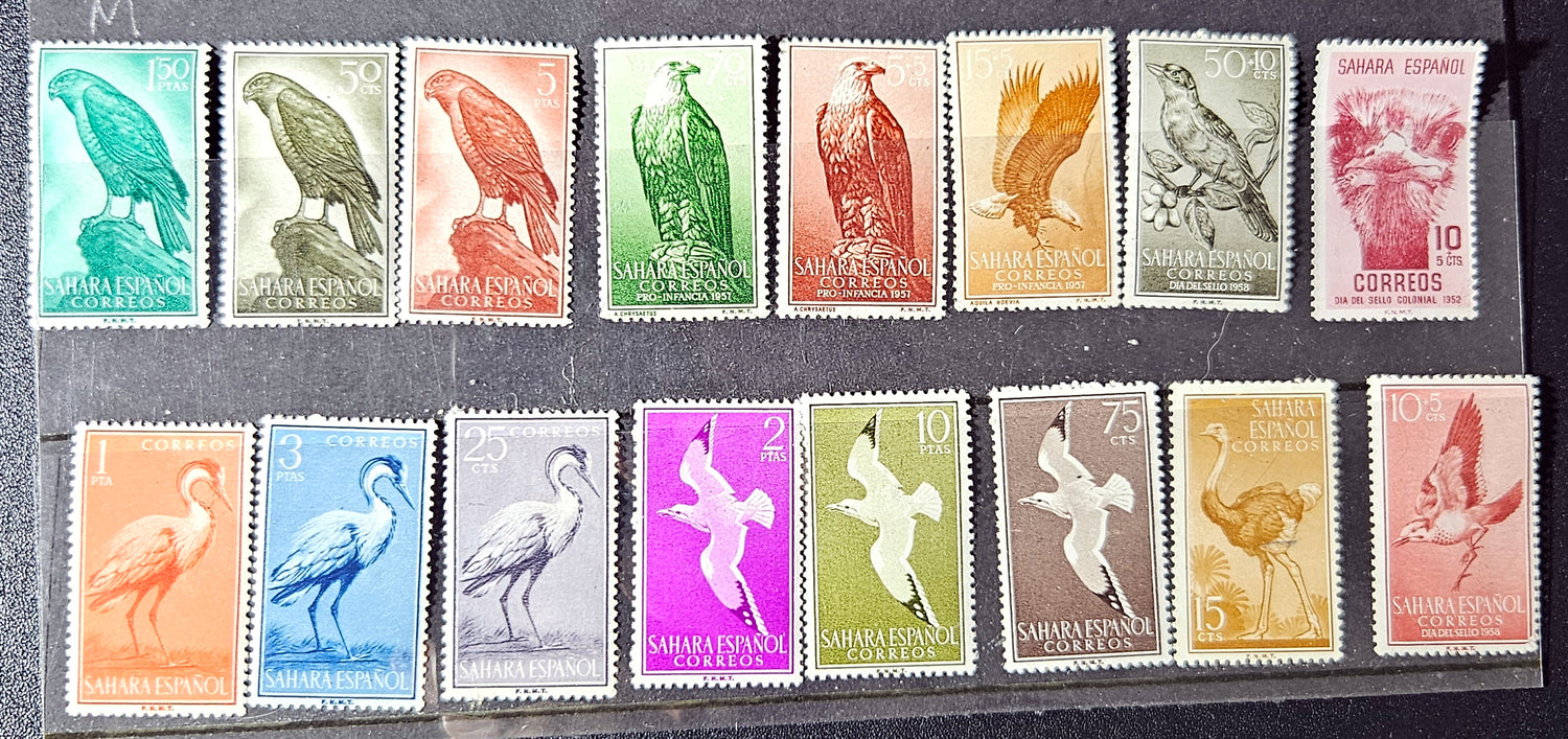 Collection of vintage stamps with various designs on a display album.