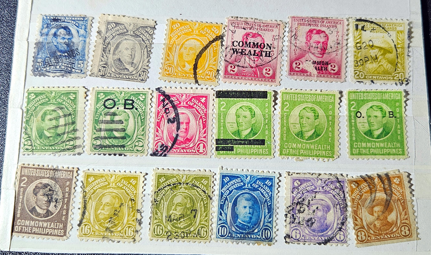 Collection of vintage postage stamps from the Commonwealth of the Philippines on a white background.
