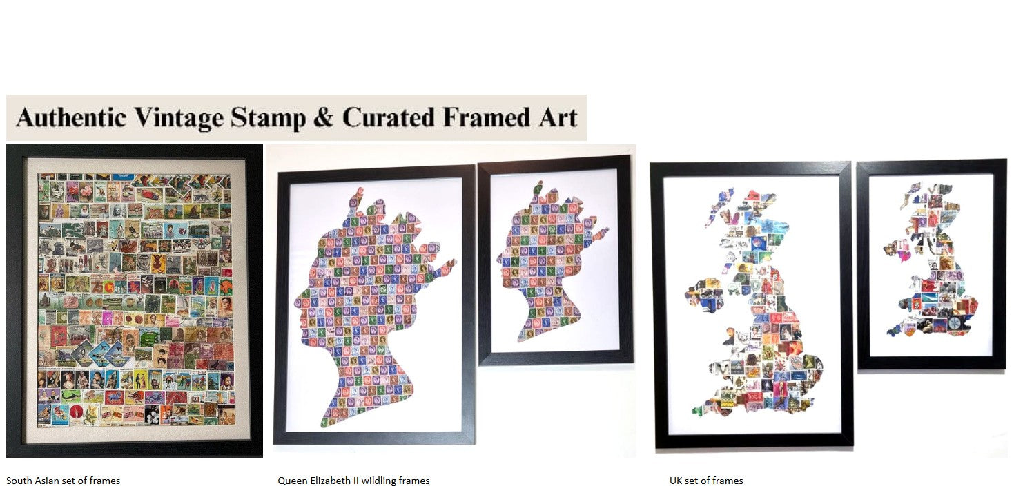 Framed art pieces made from vintage stamps on a white background