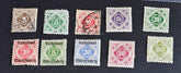 Ten vintage German postage stamps from Wurttemberga rranged in two rows on a black background. The stamps feature various denominations including 5, 10, 15, 20, 50, and 60 Pfingte, printed in green, red, blue, purple, and brown with postmark cancellations.