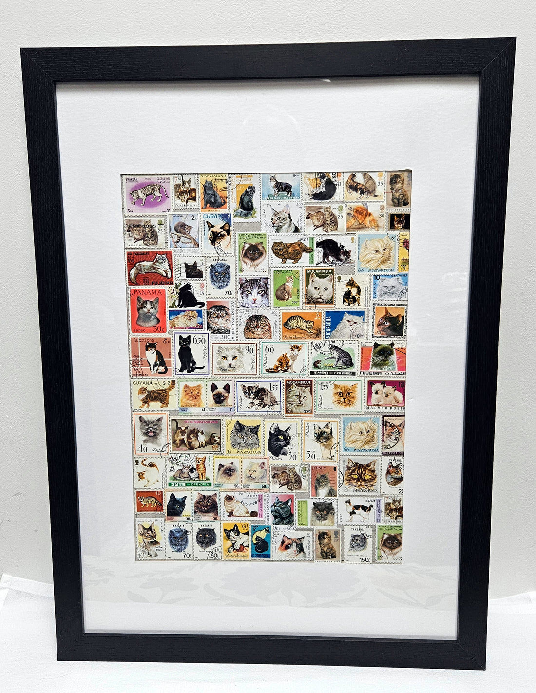 Framed collage of various cat stamps on a white background