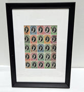 Framed print of vintage postage stamps with Queen Elizabeth portrait designs on a white background
