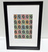 Framed print of vintage postage stamps with Queen Elizabeth portrait designs on a white background
