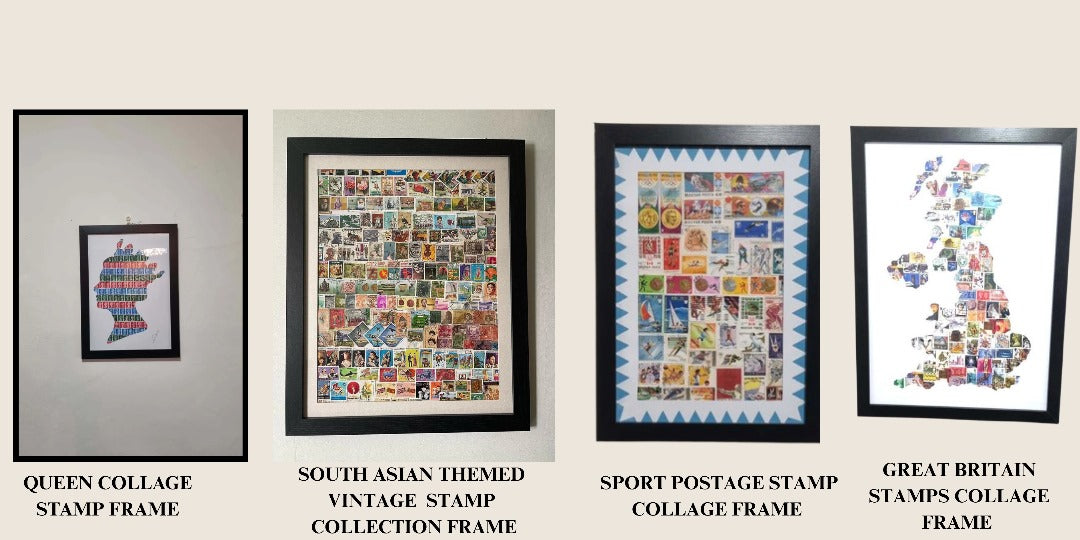 Four framed stamp collages on a beige wall with labels underneath.
