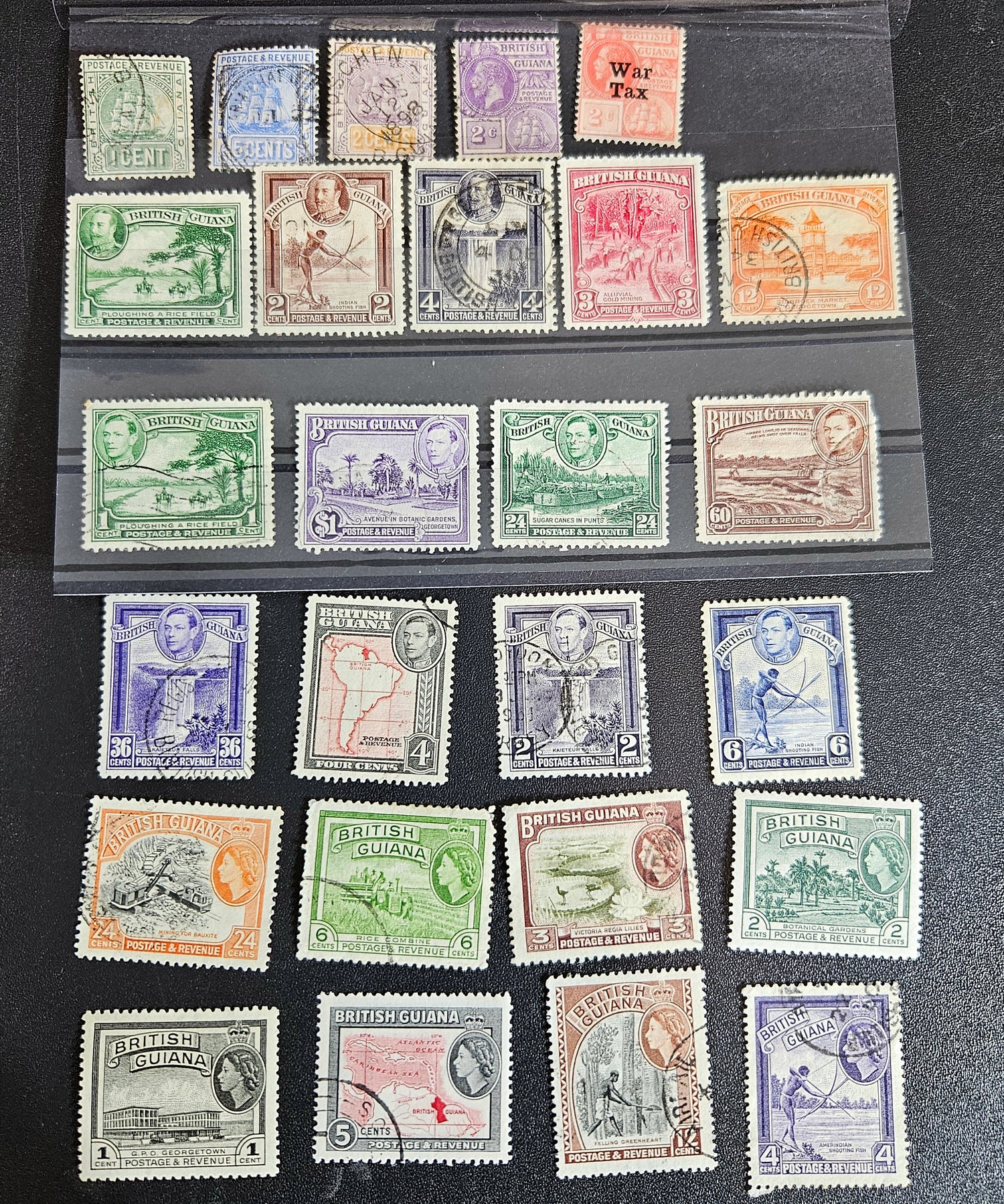 A collection of vintage British Guyana stamps from the reign of King George V, featuring various designs including portraits and imagery of local flora and fauna.