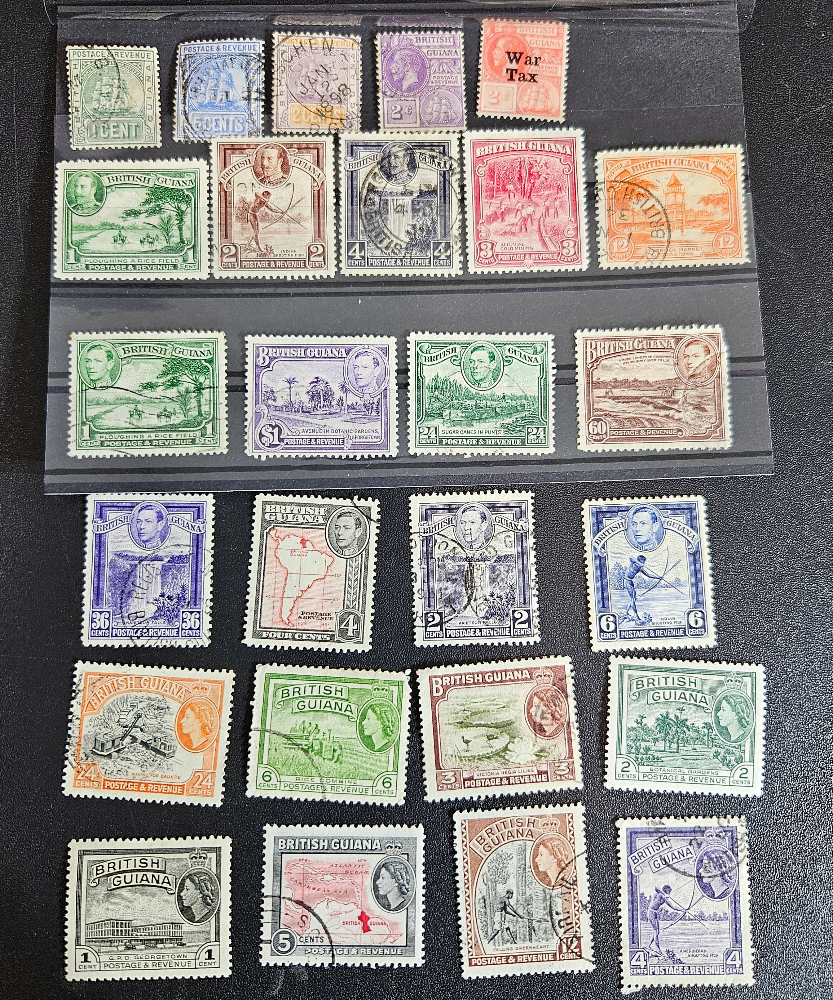 A collection of vintage British Guyana stamps from the reign of King George V, featuring various designs including portraits and imagery of local flora and fauna.